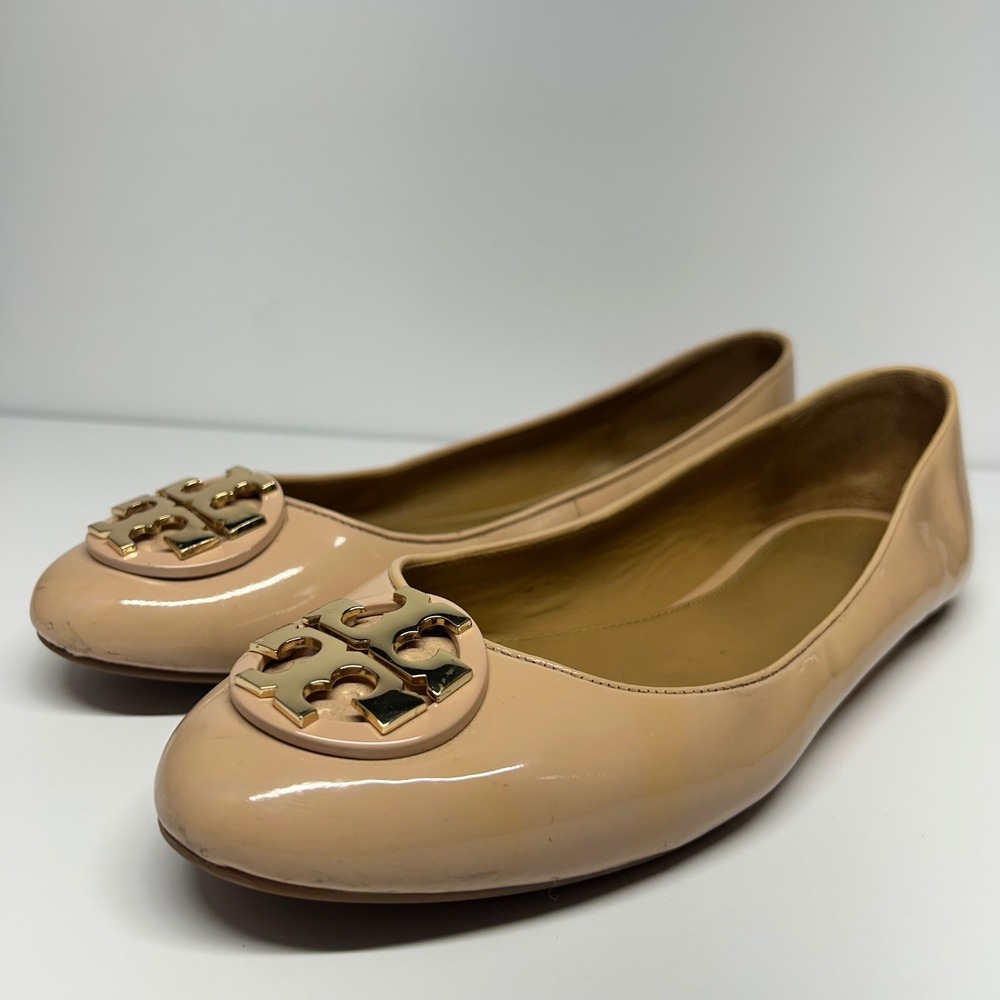Tory Burch Reva Ballet Flats Nude Patent Leather Gold Logo Women Size 10